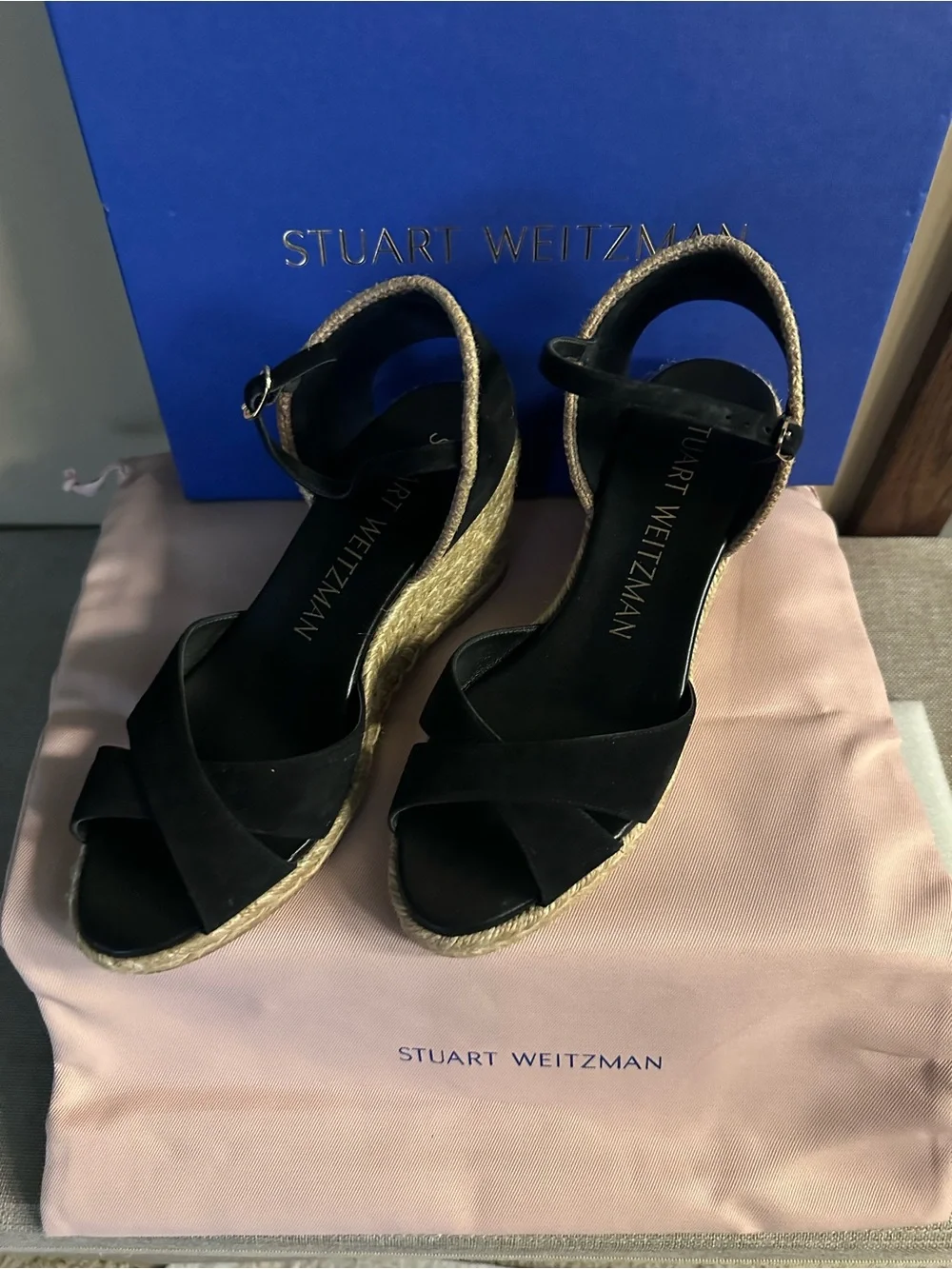 Stuart Weitzman Black Suede Espadrille Wedge Sandals